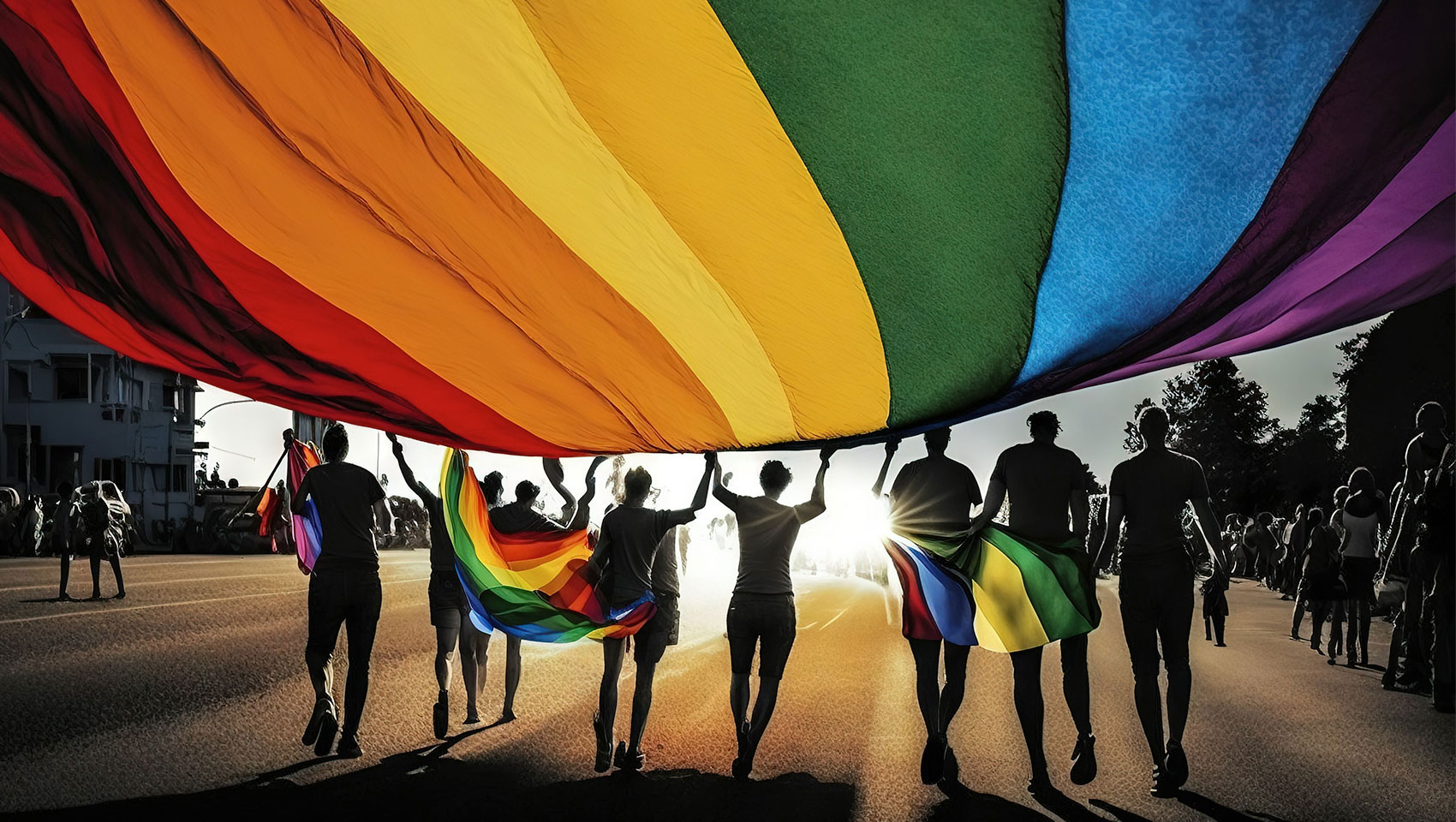 people in a parade holding up a large rainbow flag