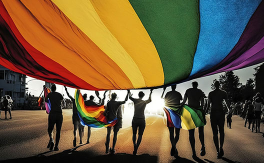 group of people holding up a pride flag