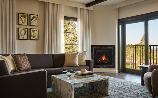Kimpton Mirador Hotel One Bedroom Suite Bay View Fireplace sitting area with fireplace