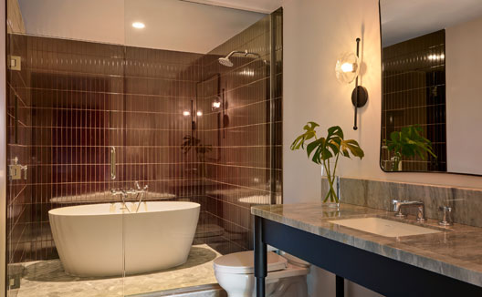 Kimpton Mirador Hotel One Bedroom Suite Bay View Fireplace bathroom with soaking tub